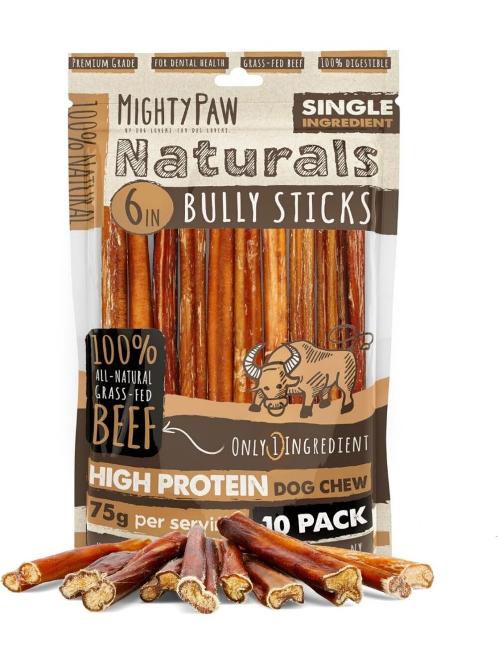 Natural Bully Sticks for Dogs - 6" Chewy Treats for Small, Medium & Large